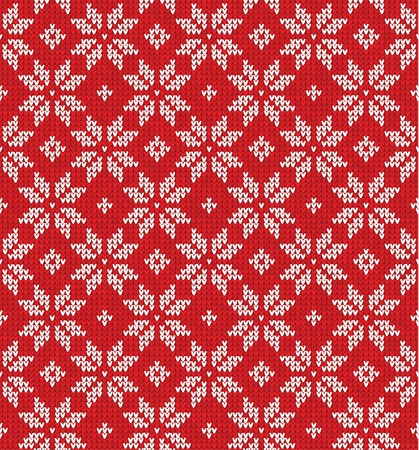 Vector illustration  Christmas Scandinavian flat style red knitted seamless pattern with snowflakesのイラスト素材