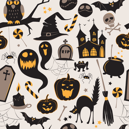 Seamless pattern Of Vintage Happy Halloween flat  icons. Halloween Scrapbook Elements. Vector illustration. Cute Halloween Characters.のイラスト素材
