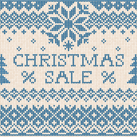 Vector illustration Christmas sale: Scandinavian or russian style knitted embroidery pattern with borders and New year tree. White, blue colors. Flat styleのイラスト素材