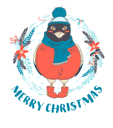 Vector illustration Festive Funny Merry Christmas card with bullfinch bird wearing cap, boots and scarf in front of New Year wreath. Hand drawn doodle styleのイラスト素材