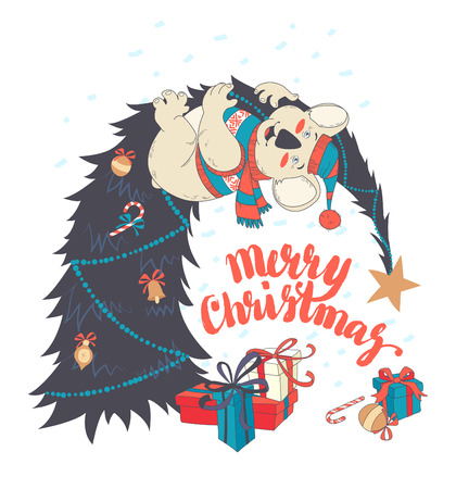 Vector illustration Funny Merry Christmas card with koala wearing cute sweater and hanging on decorated fir-tree. Hand drawn doodle styleのイラスト素材