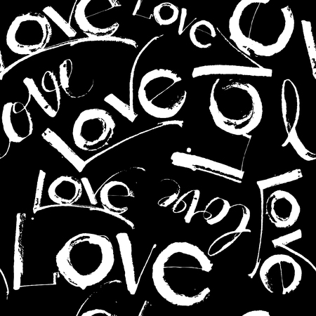 Vector illustration Love handwritten calligraphy and lettering seamless pattern. Black and whiteのイラスト素材