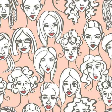 Vector illustration Seamless pattern of female doodle hand drawn portraits. Pink, gray and whiteのイラスト素材