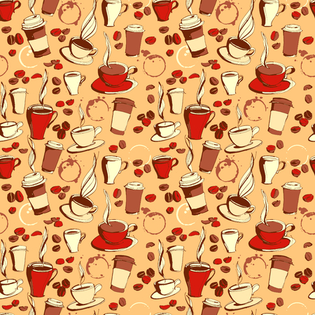 Vector illustration Grungy hand drawn ink coffee to go, cups, mugs, beans and lettering  seamless pattern. Coffee cup, coffee beans, tea,coffee shop, drinking coffee, coffee mug,background patternのイラスト素材