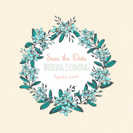 Vector illustration Forget-me-not blue flowers hand drawn bouquets round frame borderのイラスト素材