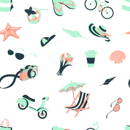Vector illustration Summer beach party seamless pattern: seashells and starfish, cocktail and beach...