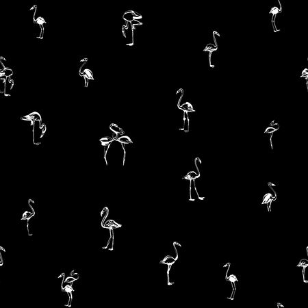 Vector illustration  Tropical exotic birds flamingos summer seamless pattern. Black and whiteのイラスト素材
