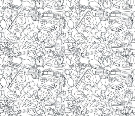 illustration Back to school seamless pattern of kids doodles with bus, books, computer, blackboard and world mapのイラスト素材