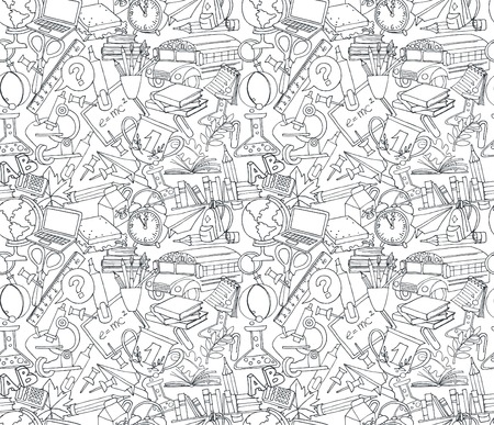 illustration Back to school seamless pattern of kids doodles with bus, books, computer, blackboard and world map