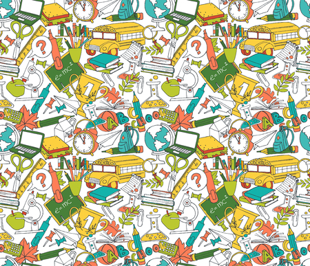 illustration  Back to school seamless pattern of kids doodles with bus, books, computer, blackboard and world mapのイラスト素材