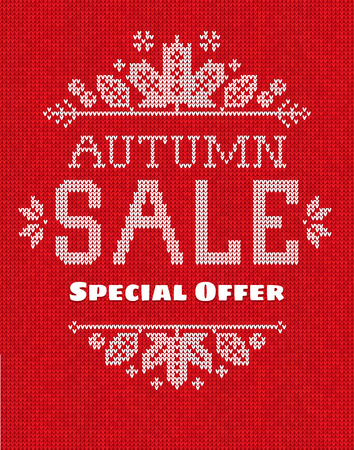 Vector illustration  Handmade knitted seamless abstract background pattern with "Autumn sale Special offer"  text and frame with fall maple leaves and berriesのイラスト素材