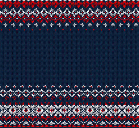 Vector illustration Handmade knitted abstract background pattern with scandinavian ornaments. White, red, blue colors. Flat style.Greeting Card, poster, banner, invitation templateのイラスト素材