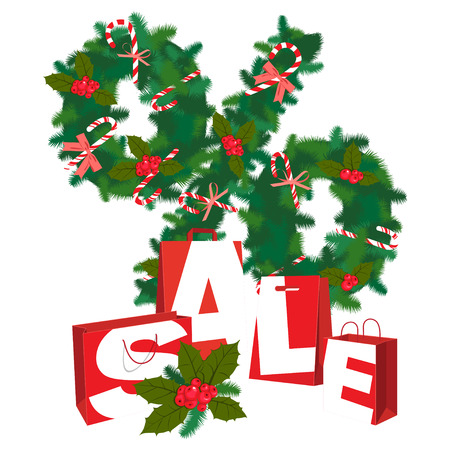 Vector illustration Christmas Sale festive wreath percernt with paper present bagsのイラスト素材
