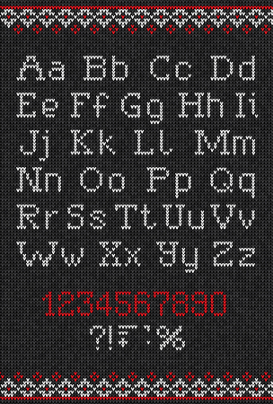 illustration Handmade knitted abstract background pattern with alphabet, uppercase and lowercase letters, numbers, punctuation marks, scandinavian ornaments. White, red, black, grey colors. Flat styleのイラスト素材