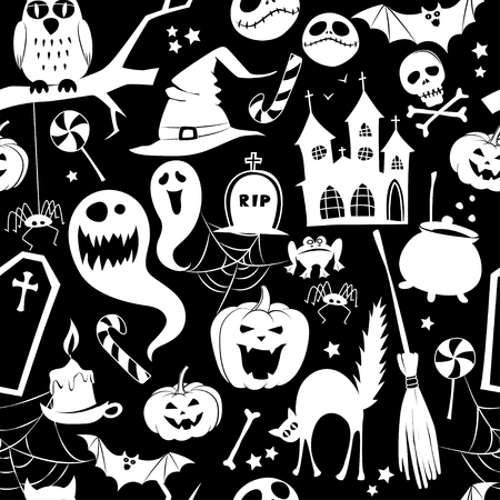 illustration Black and white seamless background abstract pattern for halloween with pumpkin,  candy, ghost, spider, bat, witch hat, cat, broom, cauldron, owl, castle, house, scull, coffin, bones. Flat silhouette styleのイラスト素材
