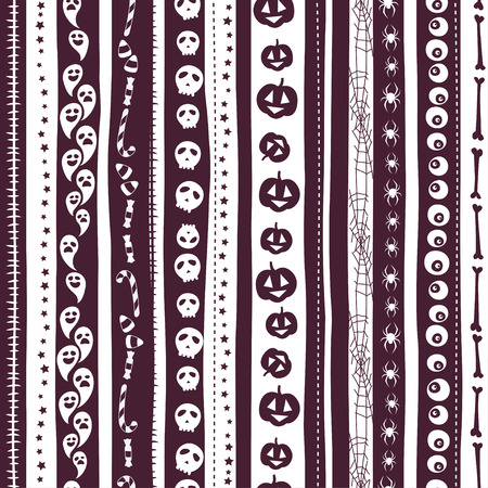 illustration White and pirple seamless background abstract striped pattern for halloween with pumpkin,  candy, ghost, spider, cauldron, scull, bones, zombie eyes . Flat silhouette styleのイラスト素材