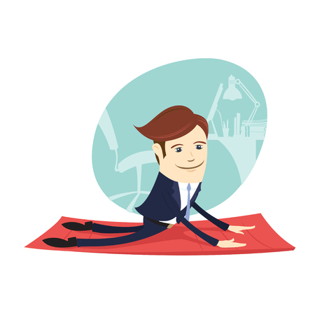 Vector illustration Funny business man wearing suit doing yoga meditating upward facing dog  pose in front his office workplace. Flat style, white backgroundのイラスト素材