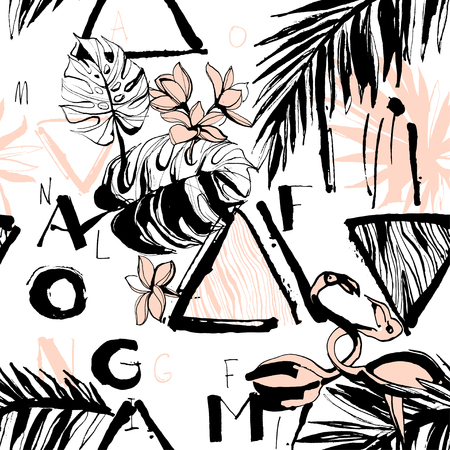 Seamless pattern of Tropical birds, palms, flowers and letters. Grungy ink style. Artistic creative universal floral pattern. Hand Drawn textures. Design for poster, card, invitation, placard, brochure, flyer, textile, print. Wedding, anniversary, birthdaのイラスト素材