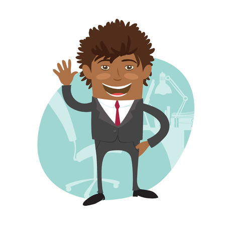 Funny Confident black business man wearing suit wave and smile. Flat style design set. Vector Illustration.のイラスト素材