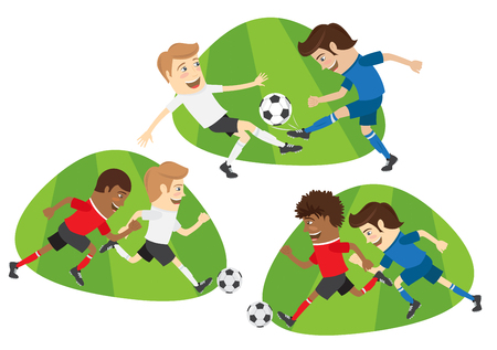 Set of Funny football soccer players team playing on the soccer grass field with football ball. White, red, blue t-shirts and shorts. Flat style design set. Vector Illustration.のイラスト素材