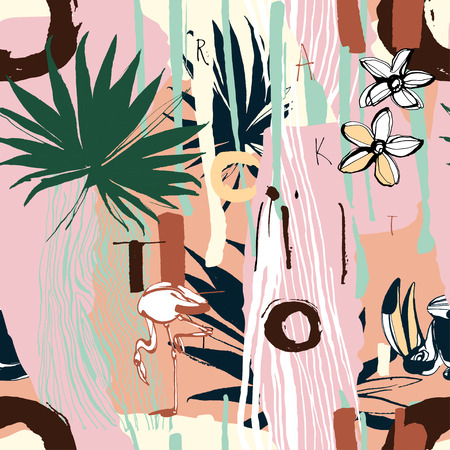 Vector illustration Tropical floral summer seamless color background pattern with palm beach leaves, flowers, flamingo, toucan birds and leopard, zebra prints. Hand drawn ink blots flat style design.のイラスト素材