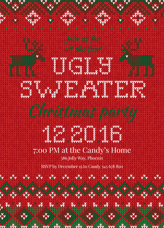 Ugly sweater Christmas party invite. Vector illustration Handmade knitted background pattern with deers and snowflakes, scandinavian ornaments. White, red, green colors. Flat styleのイラスト素材