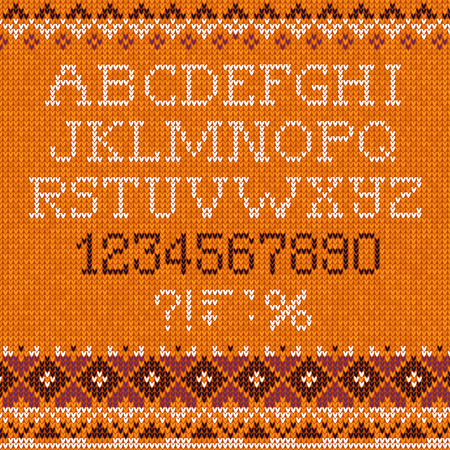 Handmade knitted pattern with font alphabet letters and numbersのイラスト素材