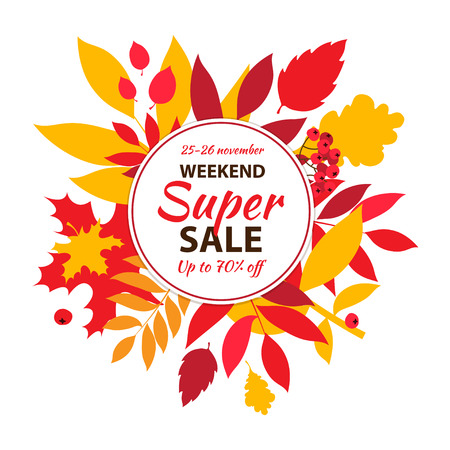 Super autumn sale inscription design template. Up to 50 off. Autumn fall leaves and berries. Big autumn sale banner, poster, flyer. Vector illustration. Flat design style.のイラスト素材