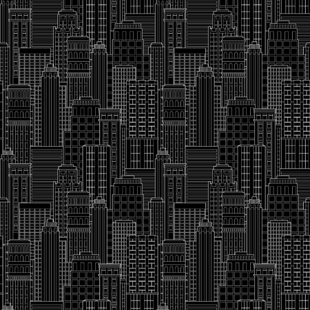 Seamless pattern abstract background of city landscape skyscrapers. Outline flat vector illustration for poster, banner, greeting card. Black and whiteのイラスト素材