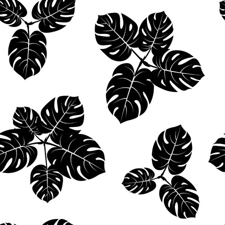 Seamless tropical monstera palm beach leaves pattern background. Vector illustration flat style design. Black and whiteのイラスト素材