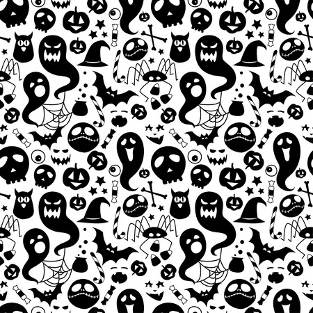 Vector illustration Black and white seamless background abstract pattern for halloween party with pumpkin, candy, ghost, spider, bat, witch hat, cauldron, owl, skull, bones. Flat silhouette styleの写真素材