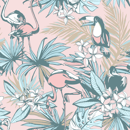 A Seamless pattern of ink Hand drawn sketch Tropical palm leaves with toucan bird parrots flamingo. Greeting card, invitation for summer beach party, flyer. illustration. Grunge design styleのイラスト素材