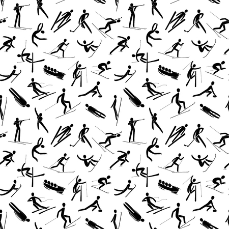 Seamles abstract background pattern Winter sport games Silhouette people skating, skiing, snowboarding, curling, jumping, hockey, bobsled isolated. Black white flat slyle design vector illustration.のイラスト素材