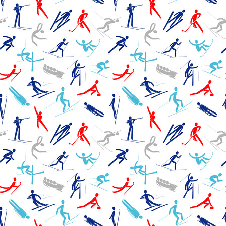 A Seamless abstract background pattern Winter sport games Silhouette people skating, skiing, snowboarding, curling, jumping, hockey,bobsled isolated.Blue, red, gray, white flat slyle vector illustration.のイラスト素材