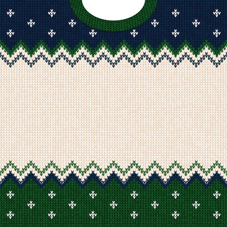 Ugly sweater Merry Christmas and Happy New Year greeting card frame border template. Vector illustration knitted background pattern with scandinavian ornaments. White, green, blue colors. Flat styleのイラスト素材