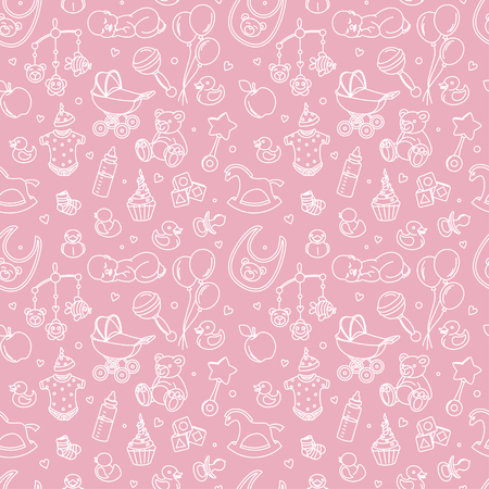 Newborn baby shower seamless pattern for textile, print, greeting cards, wrapping paper, wallpaper. For boy or girl birthday celebration party. Vector illustration design line scetch stileのイラスト素材