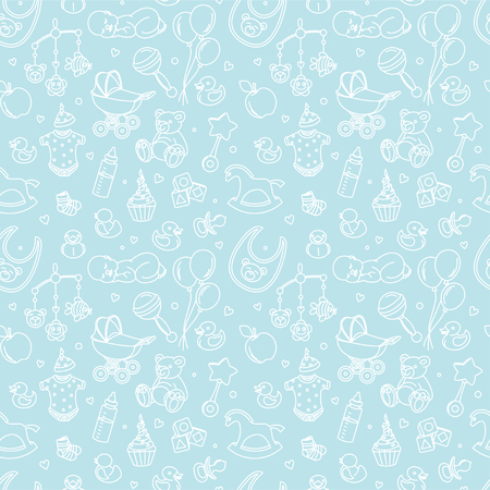 Newborn baby shower seamless pattern for textile, print, greeting cards, wrapping paper, wallpaper. For boy or girl birthday celebration party. Vector illustration design line scetch stileのイラスト素材