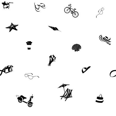 Vector illustration Summer beach party seamless pattern: seashells and starfish, cocktail and beach chair with umbrella, camera and scooter with bicycle. Flat style. Black and white coloursのイラスト素材