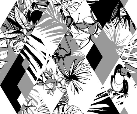 Seamless diamond pattern Tropical birds, palms, flowers. Grunge ink style. Artistic floral pattern. Hand Drawn texture. Design poster, card, textile, print. Vector Illustration. Black, gray, white.のイラスト素材