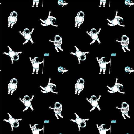 Cute funny cosmonaut astronaut spaceman characters exploring outer space with dog seamless abstract background cartoon pattern for wallpaper, textile, prints. Flat line design. Vector illustration.のイラスト素材