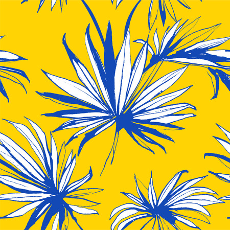 illustration Tropical jungle floral seamless pattern background with palm beach banana monstera leaves. Yellow and blue. Grunge style design textile print, poster, wallpaper and wrapping paperのイラスト素材