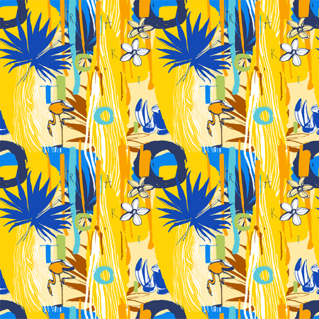 Seamless pattern of Tropical birds, palm leaves, flowers and letters. Artistic creative universal floral pattern. Design for poster, card, invitation, placard, flyer, textile.Vector Illustration. .のイラスト素材