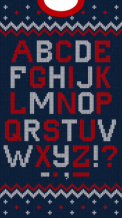 Vector illustration folk latin Christmas Font Scandinavian style knitted letters alphabet and pattern. Seamless background Nordic fair isle knitting, winter holiday sweater design.のイラスト素材