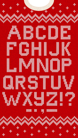 Vector illustration folk latin Christmas Font Scandinavian style knitted letters alphabet and pattern. Seamless background Nordic fair isle knitting, winter holiday sweater design.のイラスト素材