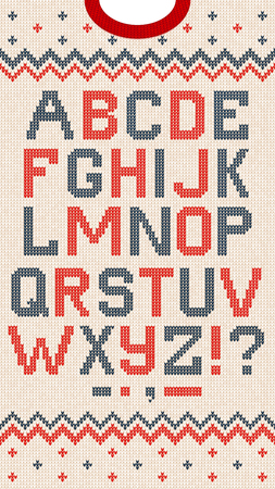 Vector illustration folk latin Christmas Font Scandinavian style knitted letters alphabet and pattern. Seamless background Nordic fair isle knitting, winter holiday sweater design.のイラスト素材