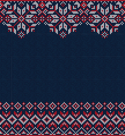 Ugly sweater Merry Christmas and Happy New Year greeting card frame border knitted pattern. Vector illustration knitted background pattern with folk style scandinavian ornaments. White, red, blue colors.のイラスト素材