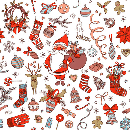 Merry Christmas doodle seamless pattern background. Santa Claus with deer, decoration and presents. Hand drawn vector illustration doodle style for your wallpaper or textile designのイラスト素材