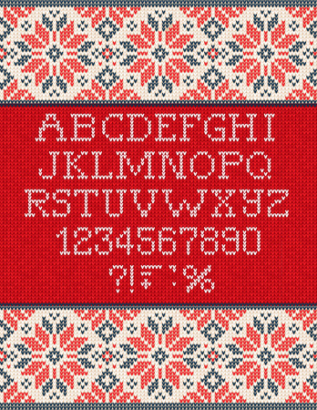 Ugly sweater Christmas Season Winter Sale Poster. Vector illustration knitted background pattern with deers snowflakes, scandinavian ornaments for advertising flyers, banners. White, blue, red colorsのイラスト素材