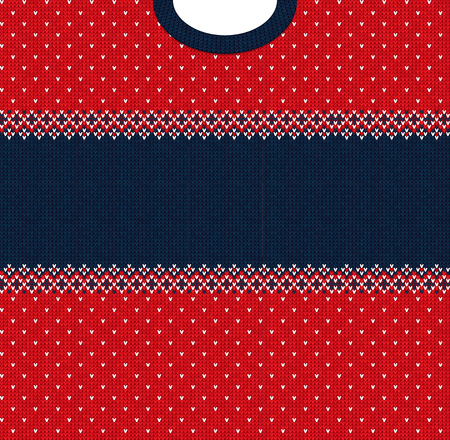 Ugly sweater Merry Christmas and Happy New Year greeting card frame border template. Vector illustration knitted background pattern with folk style scandinavian ornaments. White, red, blue colors.のイラスト素材