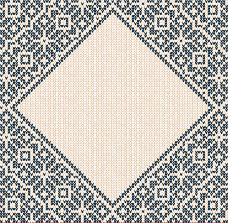 Winter Christmas Season Frame Border Poster Invitation Flyer Banner Label Tag Template. Vector illustration knitted background pattern with snowflakes, scandinavian ornaments. White, blue colorsのイラスト素材